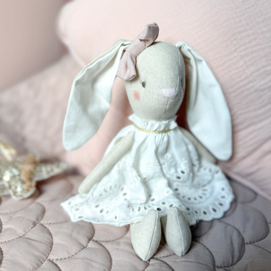 Linen Rabbit Soft Toy Doll With Ivory Broderie Dress